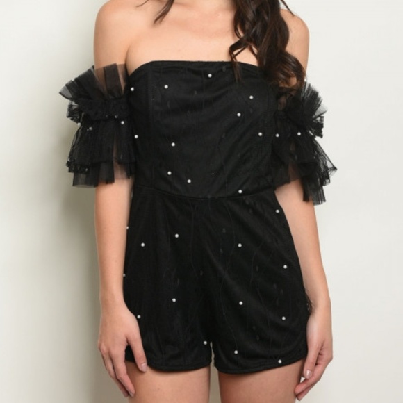 None Pants - Womens Black Off Shoulder Short Romper Puff Sleeve Pearls Detail Party Clubwear